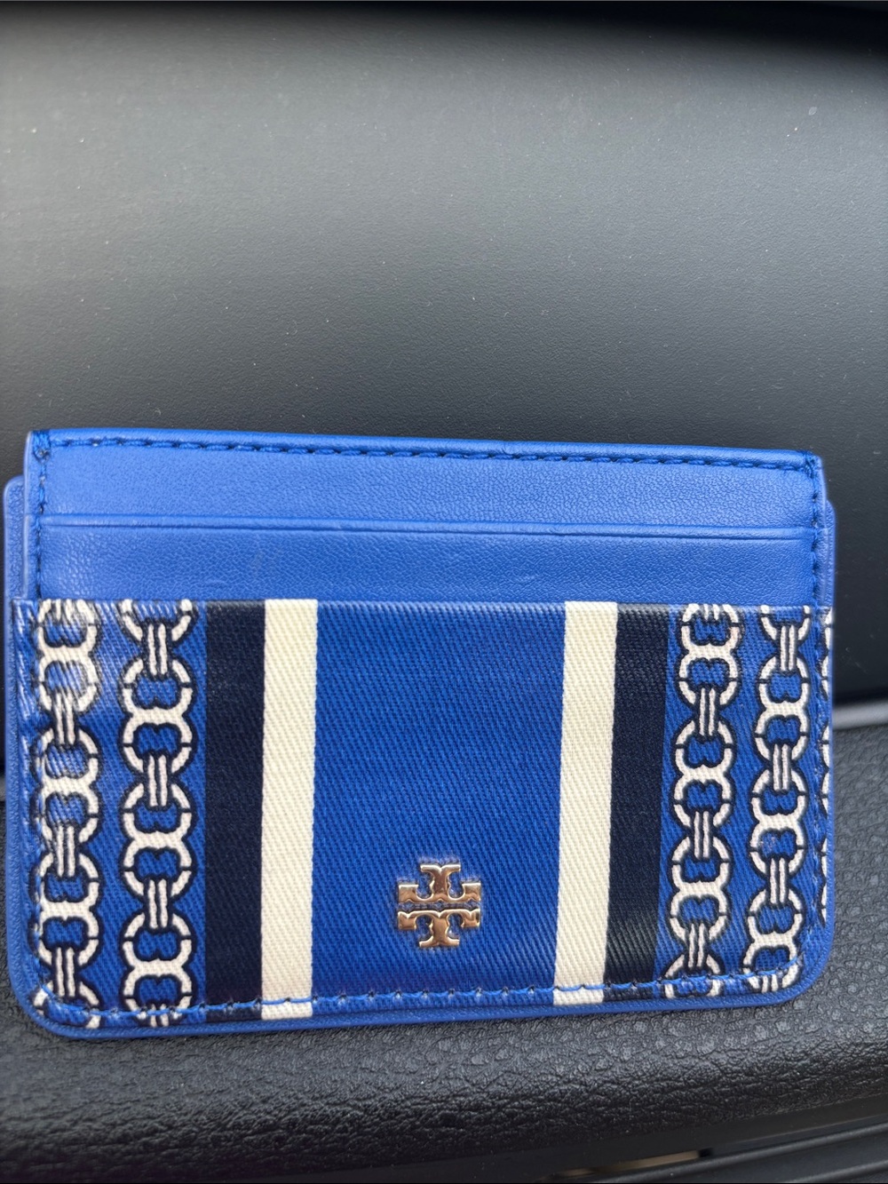 Tory Burch Blue and White Stripe Card Holder with Logo